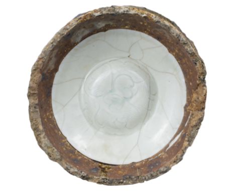 A Fine Chinese Song Dynasty Qingbai Porcelain Dish in Kiln Saggar. Excavated from a kiln site in the Jingdezhen area of Jiang