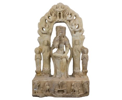 A Chinese White Marble Buddhist Votive Stele – Northern Wei / Qi. The central carved Bodhisattva seated, pensive with the lef