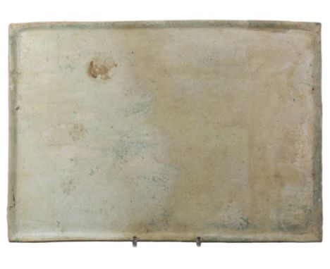 A Rare Chinese Han Dynasty Glazed Pottery Tray with Incised Characters.A large pottery tray coated in a thick green glaze tha