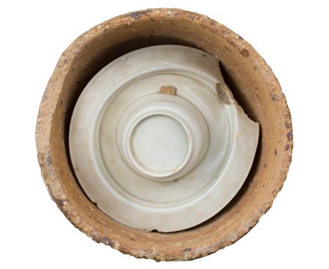 A Chinese Song Dynasty Qingbai Porcelain Cup Stand in Kiln Saggar. Excavated from a kiln site in the Jingdezhen area of Jiang