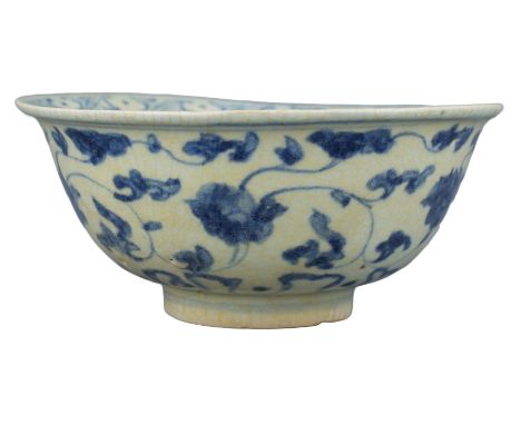 A Chinese Ming Dynasty Blue &amp; White Porcelain Bowl with Mark. The underglaze blue decoration features a peony scroll, the