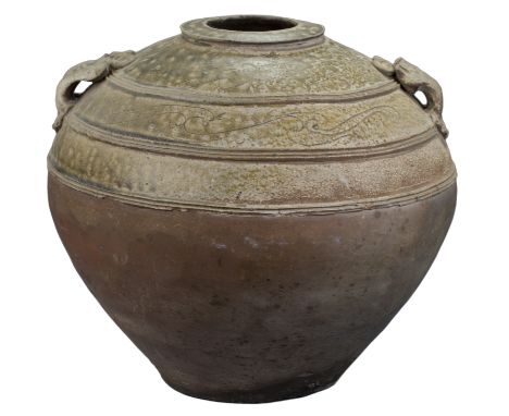 A Large Chinese Han Dynasty Glazed Stoneware Jar with Incised Patterns. This type of ware is often referred to as “proto-porc