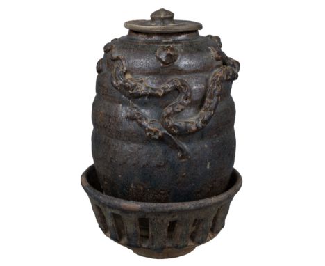 A Rare Chinese Song Dynasty Dragon Jar with Stand &amp; Cover. The jar, cover and bowl are all heavily-potted. In addition to
