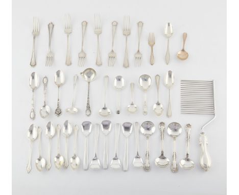 A group of 39 pieces of sterling flatware including: six sugar spoons, eight dinner forks, five lunch spoons, five soup spoon