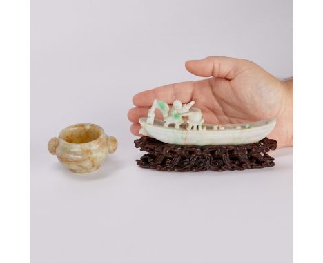 19th c. Chinese jadeite boat with a wooden stand and small jade censer. The boat with apple green spots.Censer; height: 1 1/2