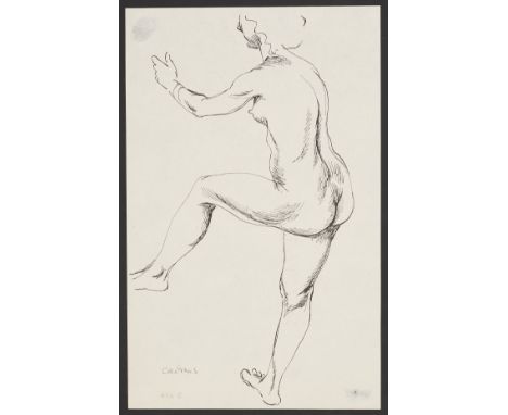 Paul Cadmus (American, 1904-1999). Ink on paper drawing of a nude female figure with her leg raised, ca. 1937. Signed along t