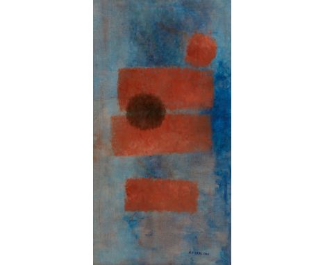 Robert C. Ellis (American, 1923-1979). Oil on canvas painting titled "Elevation," depicting a minimalist abstract composition