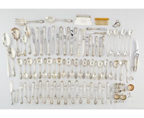 Large set of sterling silver and silver flatware, approximately 104 pieces. Sterling silver items from brands such as Gorham,