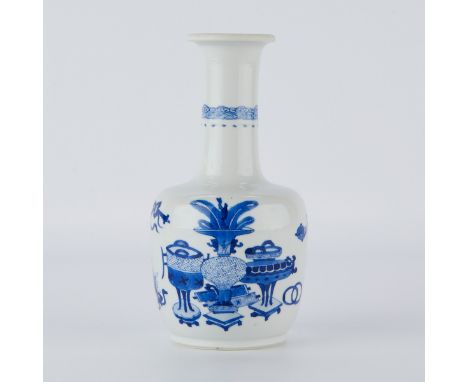 18th c. Chinese blue and white porcelain mallet vase, decorated with interior vignettes interspersed with auspicious Buddhist