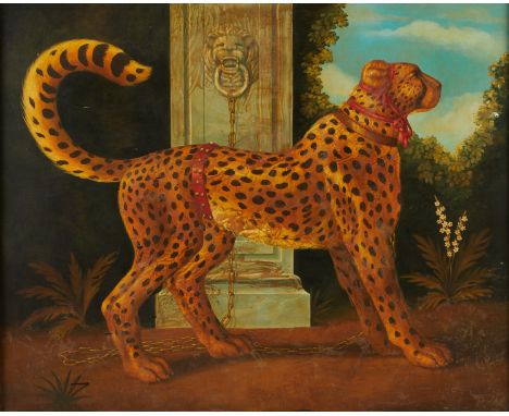 William Skilling (American/British, 1862-1964). Oil on canvas painting titled "Cheetah in a Red Harness," depicting the large