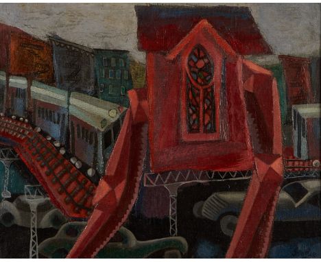 Alfred Statler (American, 1916-1984). Oil on canvas titled "The Night Cathedral," depicting a surreal train platform rising a