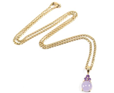 A hallmarked lavender jade and amethyst pendant necklace. The 14ct gold pendant having a round lavender jade cabochon surmoun