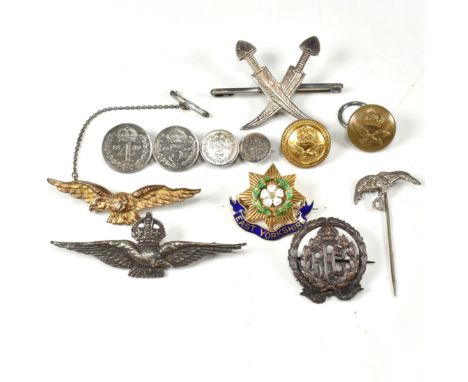 A collection of military interest and Victorian brooch pins and buttons. The military interest brooch pins to include a silve