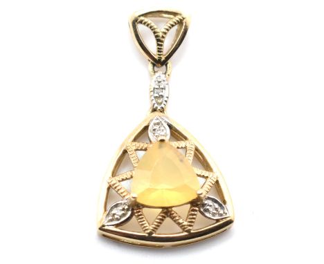 A hallmarked 9ct gold Brazilian fire opal and diamond necklace pendant. The 9ct yellow gold necklace pendant set with a singl