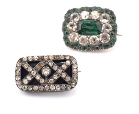 Two 19th century paste set brooch pins. The antique brooch pins to include a rectangular brooch pin set with green and white 
