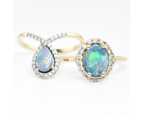 Two hallmarked 9ct gold and opal doublet rings. The rings to include a hallmarked 9ct gold ring set with a tear-drop slice of