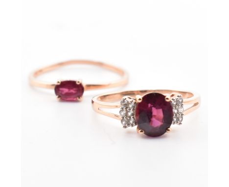 Two hallmarked 9ct rose gold and gem set rings. The two rings to include a 9ct rose gold ring set with a central oval cut gar