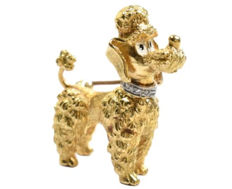 Ben Rosenfeld - A hallmarked 18ct gold poodle brooch pin. The poodle having a gold body with a diamond set collar. The poodle