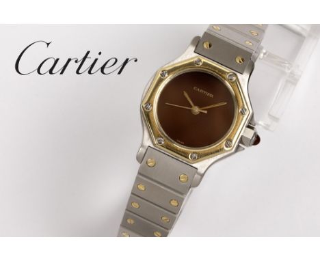 completely original Cartier marked automatic "Santos Octagon Burgendy" ladies' wristwatch  in steel and goldCARTIER volledig 