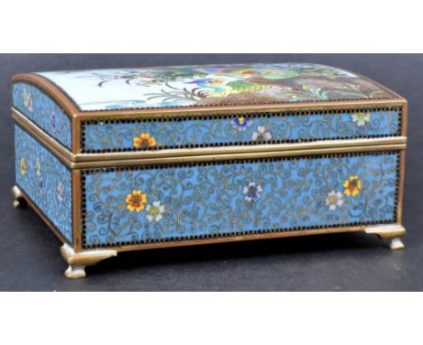 A 19th Century Chinese cloisonne enamel trinket / jewellery box. Teal ground with polychrome flowers and depicting of peacock