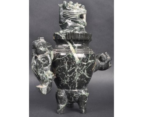A 20th Century Chinese carved mottled green spinach jade coloured hardstone censer prayer ding incense burner. Large carved D