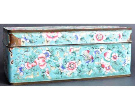A 19th Century Chinese Canton enamel box. The box with turquoise enamel ground with polychrome enamels depicting botanicals a