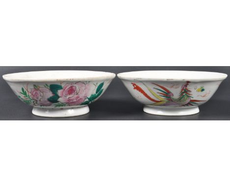 Two 19th Century Chinese porcelain bowls comprising an example decorated with pink flowers and another with phoenix &amp; dra