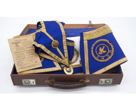 Leather cased Masonic regalia, with blue silk dress collar with silver gilt medal, Kent with royal blue enamel and flying dov