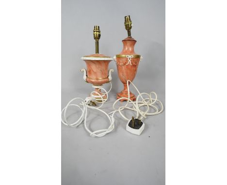 Two vintage gilded and hand painted orange marble effect two handled urn design table lamps. One with foliate swag and bow de