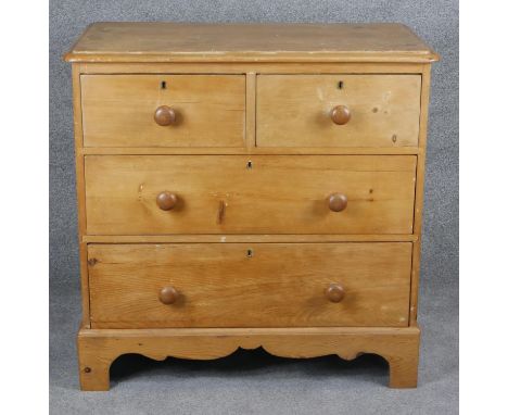 A 19th century pine chest of drawers on shaped bracket feet. H.84 W.86 D.50cm 