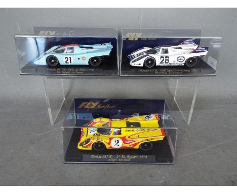 Flyslot - 3 x Porsche 917K models including 1970 Le Mans car in Gulf livery, 1970 Kyalami Jo Siffert car and 1971 car in Mart