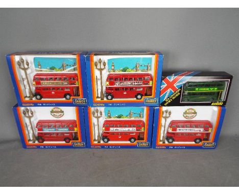 Tomica Dandy - Solido - A fleet of 6 x AEC RT London double deck buses, 5 x Tomica 1:43 scale and 1 x Solido 1:50 scale. All 