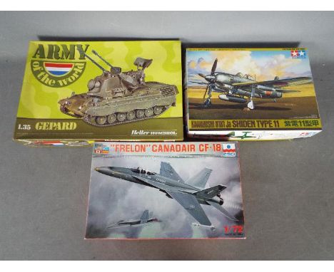 ESCI, Tamiya, Humbrol - Three boxed plastic model kits in various scales. Lot includes ESCI 1:72 Frelon Canadair CF-18; Tamiy