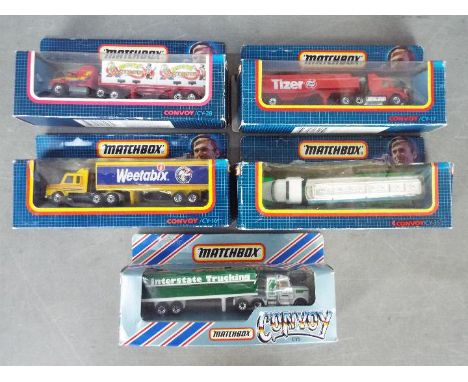 Matchbox - Five boxed Matchbox 'Convoy' diecast model trucks. Lot includes Matchbox CY16 Scania Tanker 'Tizer; CY16 Scania Bo