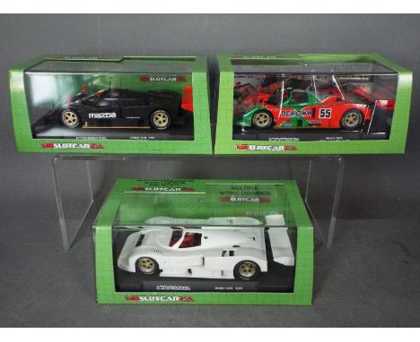 Mrslotcar - 3 x Mazda 787B slot cars designed by Ernie Mossetti in different liveries including a plain white self assembly v