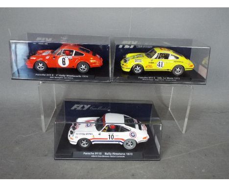 Flyslot - 3 x Porsche 911S models, 1970 Rally Montecarlo car, 1970 Rally Firestone car and 1972 Le Mans car. # 88145, # 88129