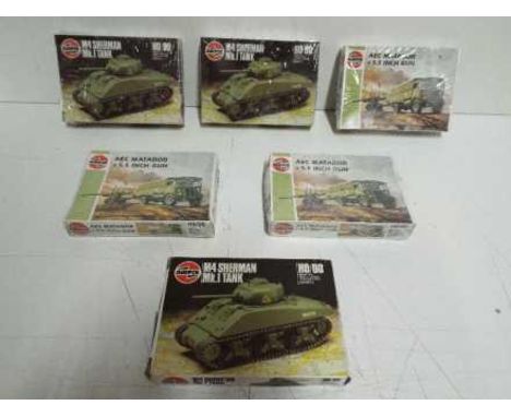 Six x AIRFIX / Humbrol Series 1 - H0/00 - WWII series model kits. Three x"AEC MATADOR + 5.5 INCH GUN" and three x "M4 SHERMAN