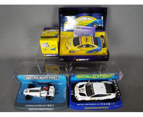 Scalextric - 3 x cars, a Caterham Superlight R300-S, a Bentley Continental GT3 from the Blancpain GT series, a limited editio