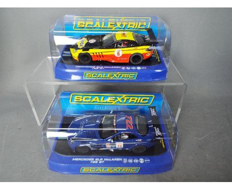 Scalextric - 2 x Mercedes Benz SLR McLaren 722 GT models including the Speed World Challenge GT Championship car in blue. # C