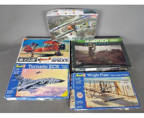 Academy, Revell, Nichimo - Five boxed plastic model kits. Lot includes Academy #2189 1:32 Sopwith Camel F.1; Revell #04576 Wr