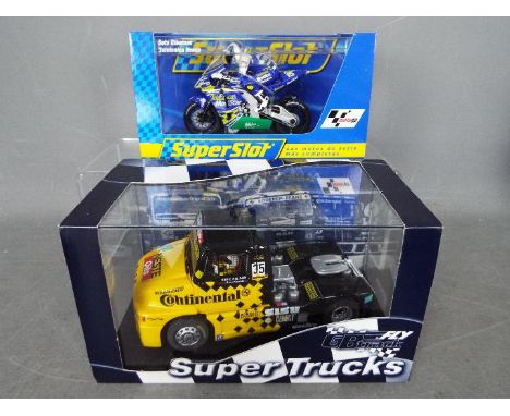 GB Track - SuperSlot - A Sisu racing truck and a 1:18 scale Telefonica Honda racing bike as ridden by Sete Gibernau. # 08027.