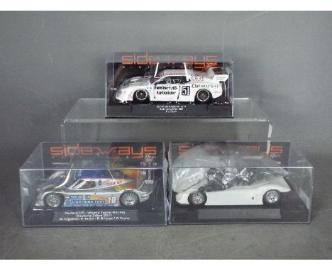 Sideways - 3 x cars, a Scnitzer BMW M1 Group 5, a Dallara DP race car and a Riley Mk XX self assembly model in white. # SW23.