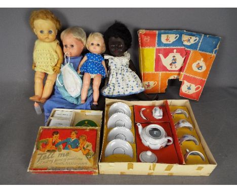 Palitoy, Rosedbud, Spears Games, Others - Four vintage unboxed dolls, with a vintage childrens tea service and game. Lot incl