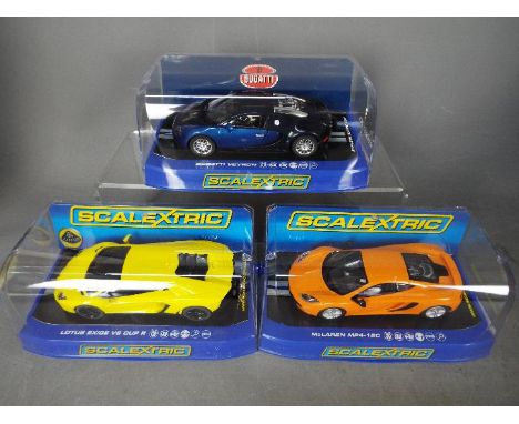 Scalextric - 3 x cars, Bugatti Veyron in blue, McLaren MP4-12C in orange and Lamborghini Aventador in yellow. # C3189, # C320