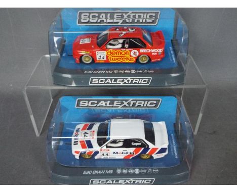 Scalextric - 2 x BMW E30 M3 BTCC cars, a 1991 model in Mobil livery as driven by Steve Soper and a 1988 model in Demon Tweeks