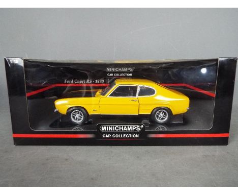 Minichamps - A boxed 1:18 scale diecast Ford Capri RS 1970 by Minichamps. The model with orange body and black bonnet, appear