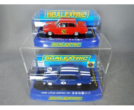 Scalextric - 2 x 1964 Ford Cortina MkI racing cars, Lotus Cortina in Neptune Racing Team livery and a Cortina GT in Coupe Des