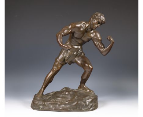 Jeff Lambeaux (1852-1908, bruin gepatineerde bronzen sculptuur 'de Bokser', eind 19e eeuw; Gesigneerd en gestempeld 'Bronzes 