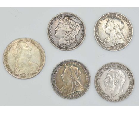 Quantity of silver coins to include Austrian 1780 The Maria Theresa Thaler together with 1899 and 1900 Queen Victoria Crowns,