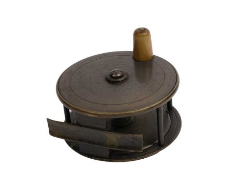 A Victorian brass centre pin salmon fishing reel, 11cms diameter spool, with horn handle and four pillar frame.